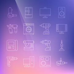 Canvas Print - Set line Angle grinder, Vacuum cleaner, Smart Tv, Computer monitor, Washer, Nail gun, and Electric cordless screwdriver icon. Vector