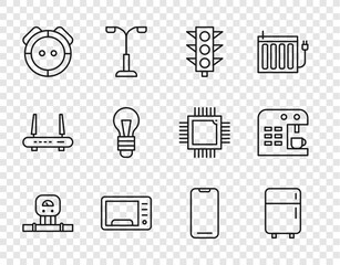 Sticker - Set line Smart sensor, Refrigerator, Traffic light, Microwave oven, Robot vacuum cleaner, Light bulb, Smartphone and Coffee machine icon. Vector