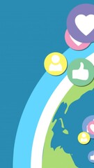 Wall Mural - animation of social media reactions floating over globe on blue background