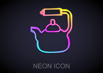 Sticker - Glowing neon line Kettle with handle icon isolated on black background. Teapot icon. Vector