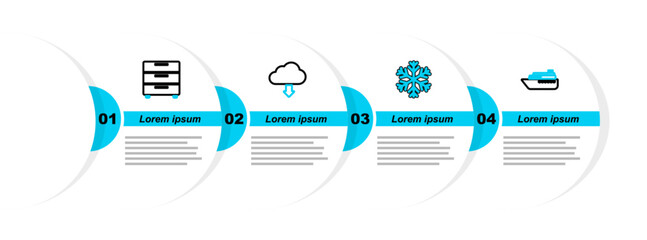 Poster - Set line Ship, Snowflake, Cloud download and Furniture nightstand icon. Vector