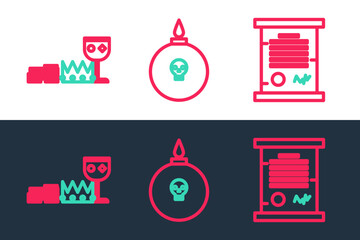 Poster - Set line Decree, parchment, scroll, Treasure and riches and Bomb ready to explode icon. Vector