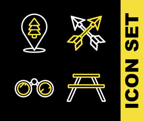 Sticker - Set line Crossed arrows, Picnic table with benches, Binoculars and Location of the forest icon. Vector