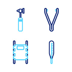 Sticker - Set line Medical thermometer, Stretcher, tweezers and otoscope tool icon. Vector