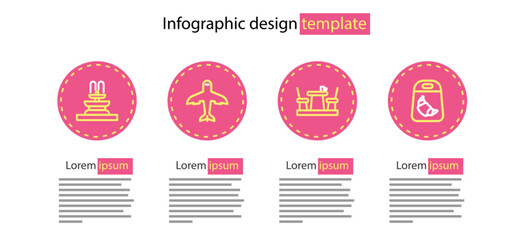 Sticker - Set line French cafe, Croissant package, Plane and Fountain icon. Vector