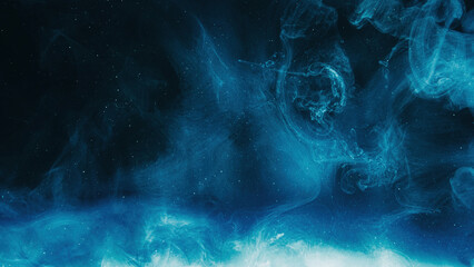 glitter mist. color cloud. night sky. blue shiny sparkling particles smoke floating on dark black ab
