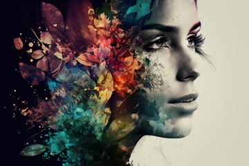  Abstract contemporary art collage portrait of young woman with flowers, retro colors.