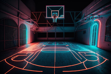 Wall Mural - Futuristic basketball court made of neon lights. Generative ai.