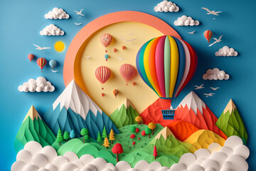 hot air balloon over the mountains, paper craft art or origami style for baby nursery, children desi