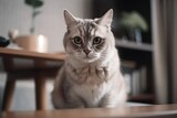 Fototapeta Koty - Adorable Cat Sitting at Home. Closeup of Cute Pet with Blur Background and Copy Space