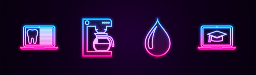 Wall Mural - Set line Laptop with dental card, Coffee machine pot, Water drop and Graduation cap on laptop. Glowing neon icon. Vector