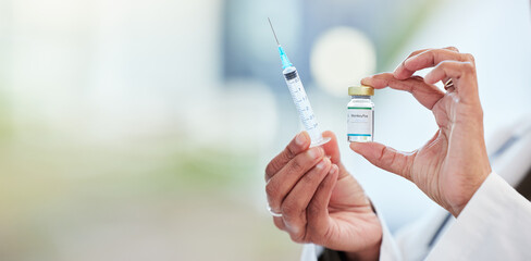 Wall Mural - Vaccine bottle, needle and hands of doctor in a medicare hospital getting ready for a monkeypox treatment. Healthcare, injection and closeup of a medical worker with a virus vaccination in a clinic.