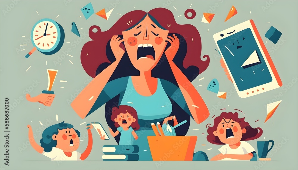 Chaos and stress of multitasking busy mom with crying baby. Tired woman ...