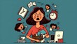Chaos and stress of multitasking busy mom with crying baby. Tired woman cooking, thinking about work tasks and daily routine of housework flat illustration. Family, time management concept