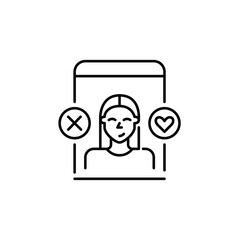 Wall Mural - dating app interface. smiling girl user. looking for a romantic partner. match and pass symbols. cro