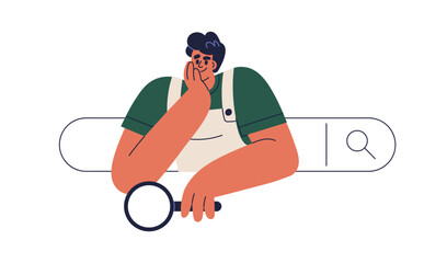 Wall Mural - search engine optimization, customers query analysis concept. man with magnifier peeking out of bar 