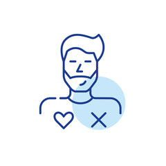 Wall Mural - man user of dating app with match or miss symbols. finding romantic partner online. pixel perfect, e