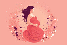 Beautiful Pregnant Woman Banner With Copy Space, Concept Of Pregnancy, Parenthood, Card For Design, Vector Flat Illustration On A Light Pink Background.