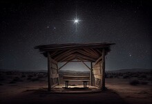 Waiting For The Messiah - Empty Manger With Comet Star Coming. Generative AI