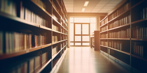 Blurred public library interior space. Learning and education concept background. Defocused bookshelves with books - vintage tone