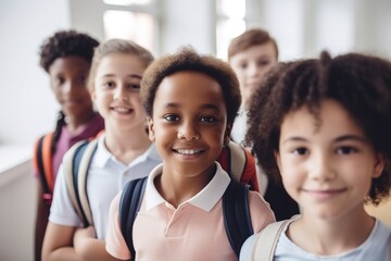 child girl school group portrait student boy education happy elementary pupil friend young kid smiling together childhood little class classroom, created using generative AI technology