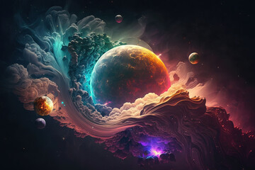 Planets in space. Fantasy galaxy generative AI background