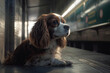 A Cavalier King Charles Spaniel sitting at  subway station, with the city's iconic public transport in the background. Generative AI.