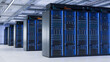 Inside Large Bright Working Data Center with Rows of Server Racks. Supercomputer and Advanced Cloud Computing Concept. Artificial Intelligence Training Cluster.