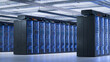 Artificial Intelligence Training Cluster. Supercomputer and Advanced Cloud Computing Concept. Inside Large Bright Working Data Center with Rows of Server Racks.
