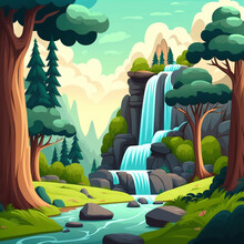 Landscape Of A Forest With A Waterfall, Rivers, Trees And A Blue Sky With Clouds 
