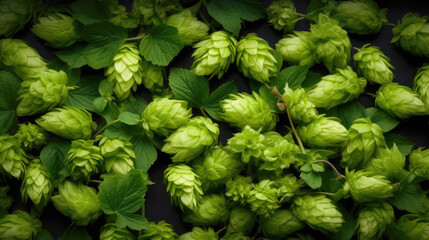 Green hops on background, top view with copy space. Generative AI