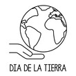 Logo lineal con mapa de la tierra con mano con letras palabra Dia de la Tierra en texto en español