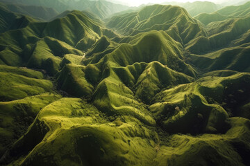 Aerial view of a mountain landscape. Mountains and valleys covered with dense forest and meadows from a bird's eye view. Fantasy landscape. 6K high resolution image. Generative AI