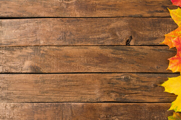 Wall Mural - Colourful autumn leaves on rustic wooden table. Top view