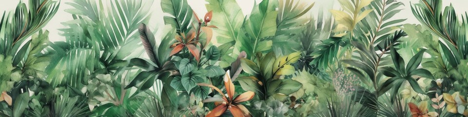 Wall Mural - Tropical plants and palm trees, for texture background photo wallpaper or banner. Wallpaper pattern painted in watercolour. Generative AI illustration	
