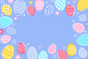 Wall Mural - Colourful Easter eggs and flowers on blue background. Modern design. Vector illustration