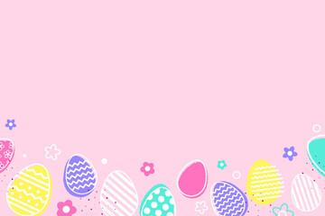 Wall Mural - Colourful Easter eggs and flowers on pink background. Modern design. Vector illustration