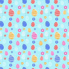 Wall Mural - Colourful Easter background with eggs and flowers. Seamless pattern. Vector illustration