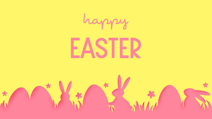 Wall Mural - Easter greeting card with bunnies and eggs. Minimal paper cut design with text. Vector illustration