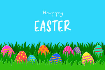 Wall Mural - Happy Easter. Paper cut greeting card with coloured eggs hidden in the grass. Vector illustration