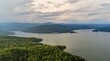 Drone view of Lake Jocassee surrounded by hills and forests in South Carolina, USA