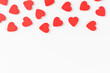 Background with red hearts and copyspace. Top view