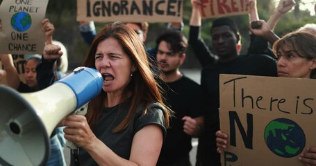 Wall Mural - Crowd of multiracial people fight for climate change - Group of demonstrators from different culture and race protest in the city