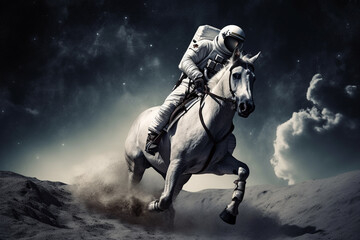 Wall Mural - cosmonaut or astronaut on a horse on the moon walking in space. funny concept for astronomy and expl