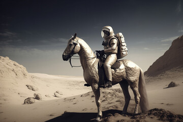 Wall Mural - cosmonaut or astronaut on a horse on the moon walking in space. funny concept for astronomy and expl