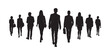 Business people walking together with confident front view vector silhouette. Group of business team walking toward camera silhouette.