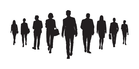 Wall Mural - Business people walking together with confident front view vector silhouette. Group of business team walking toward camera silhouette.