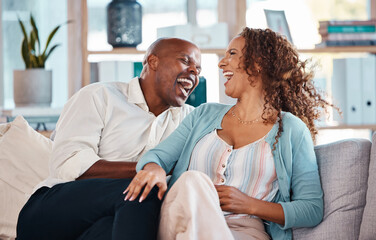 Poster - Love, happy and couple laugh on sofa for bonding, quality time and relaxing together at home. Marriage, interracial relationship and man and woman on couch embrace, hugging and laughing at funny joke