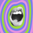 Contemporary art collage with female open mouth. Female halftone lips with tongue and piercing.Trendy vector pieces. Creative collage in Y2K style for social media, card, print on clothes. 