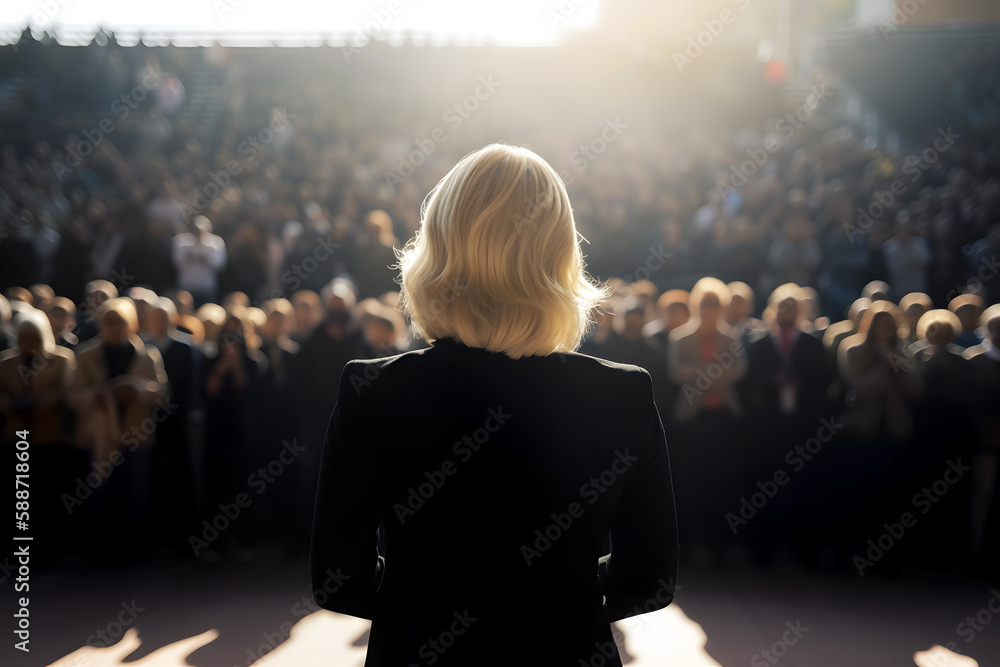 Back view of female politician in black suit standing on stage facing ...